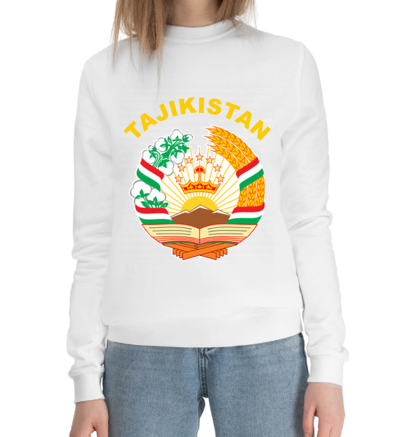 Женский хлопковый свитшот с изображением Tajikistan цвета Белый