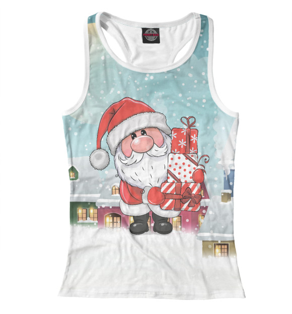 Женская майка-борцовка с изображением Санта Клаус с подарками цвета Белый