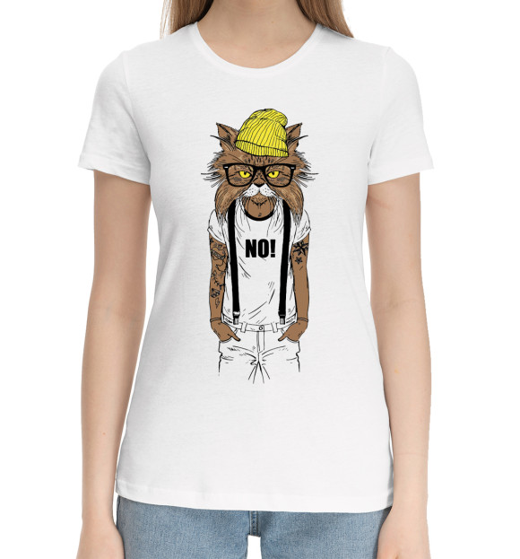 Женская хлопковая футболка с изображением Cat hipster цвета Белый