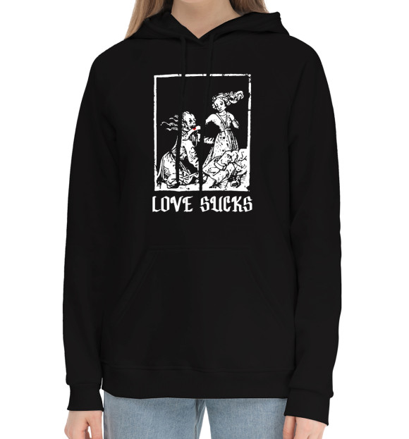 Женский хлопковый худи с изображением Love sucks цвета Черный