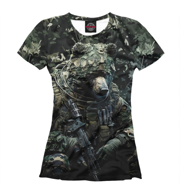 Женская футболка с изображением Медведь снайпер в камуфляже цвета Белый