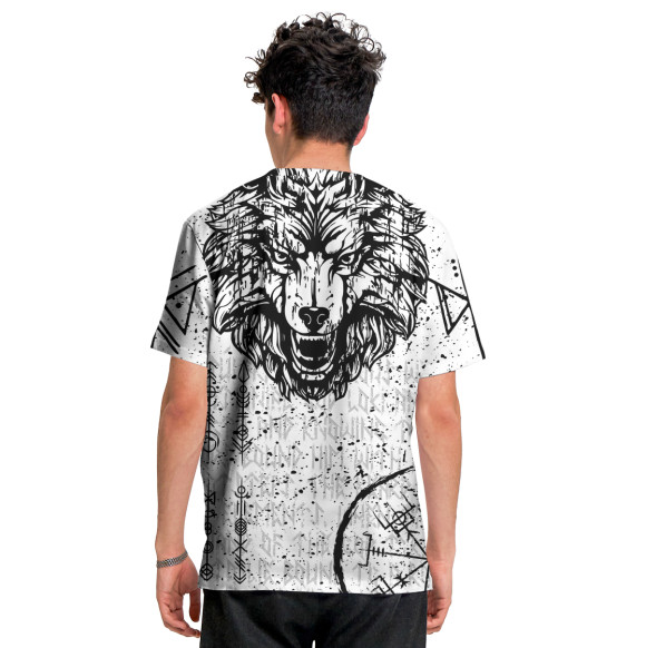 Мужская футболка с изображением Волк с рунами цвета Белый