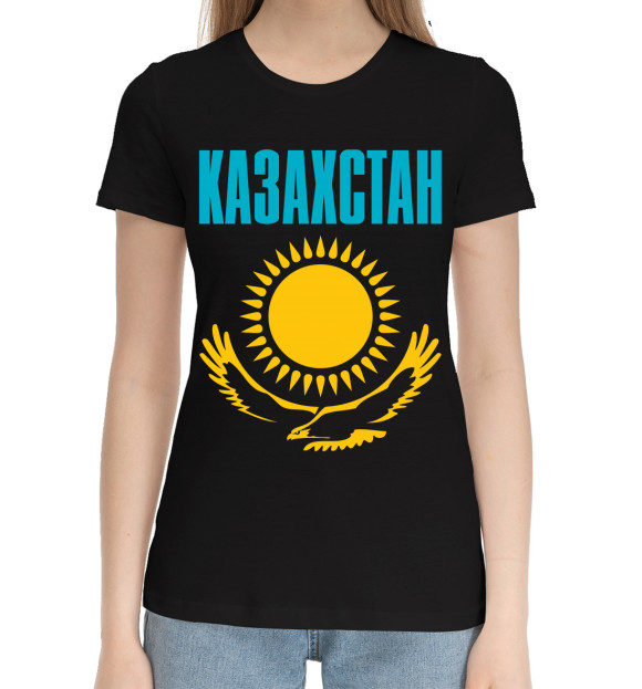Женская хлопковая футболка с изображением Казахстан цвета Черный