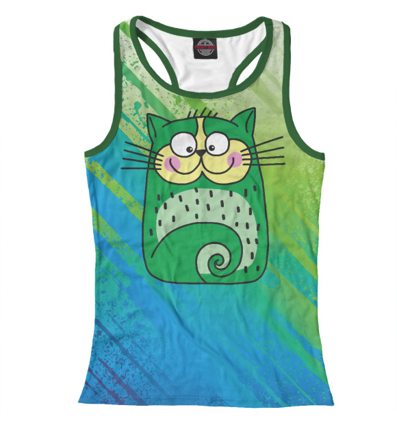 Женская майка-борцовка с изображением Зеленый кот цвета Белый