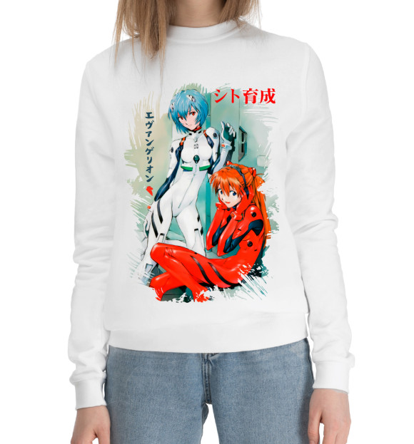 Женский хлопковый свитшот с изображением Neon Genesis Evangelion цвета Белый