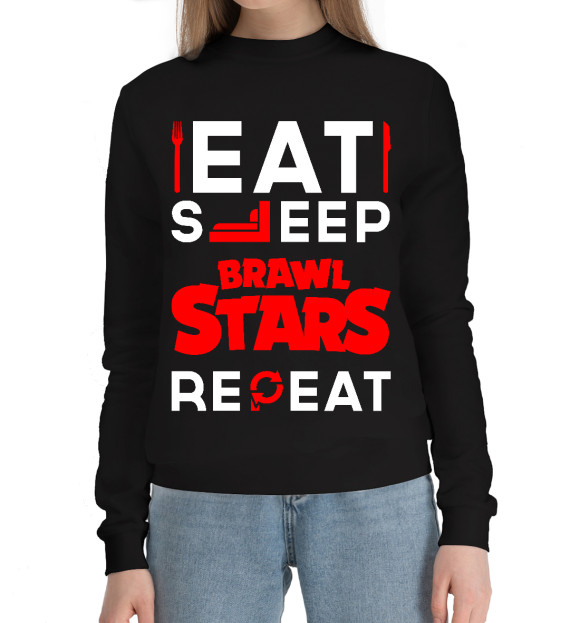 Женский хлопковый свитшот с изображением Eat Sleep Brawl Stars Repeat красный цвета Черный