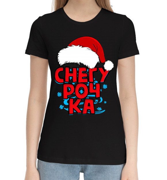 Женская хлопковая футболка с изображением Снегурочка цвета Черный