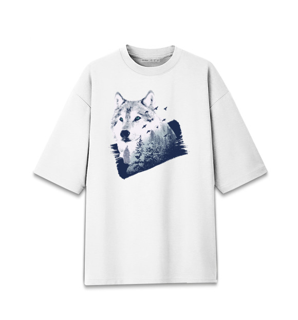 Мужская футболка оверсайз с изображением Волк в лесу цвета Белый