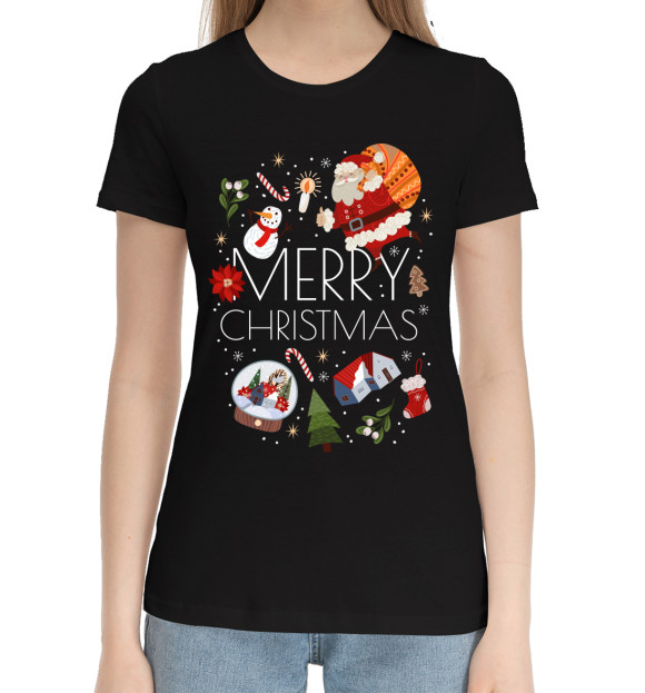 Женская хлопковая футболка с изображением Merry Christmas цвета Черный