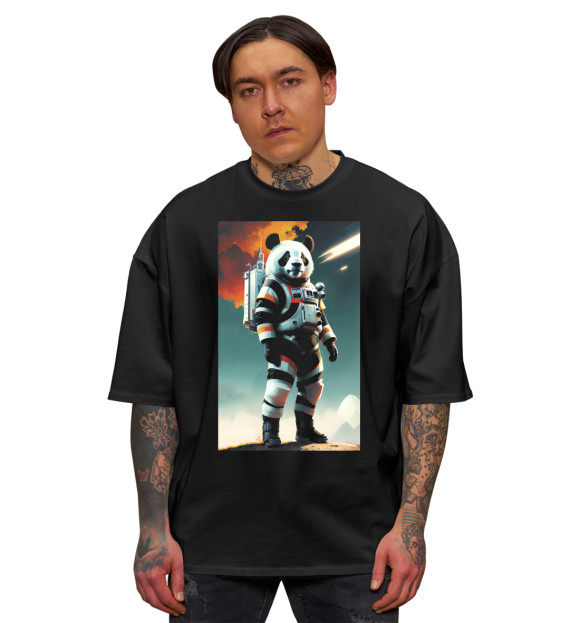 Мужская футболка оверсайз с притом Панда бравый космонавт цвета Черный Мужская футболка оверсайз с изображением Панда бравый космонавт цвета Черный