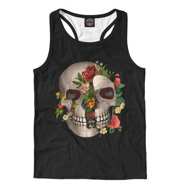 Мужская майка-борцовка с изображением Череп с цветами цвета Белый