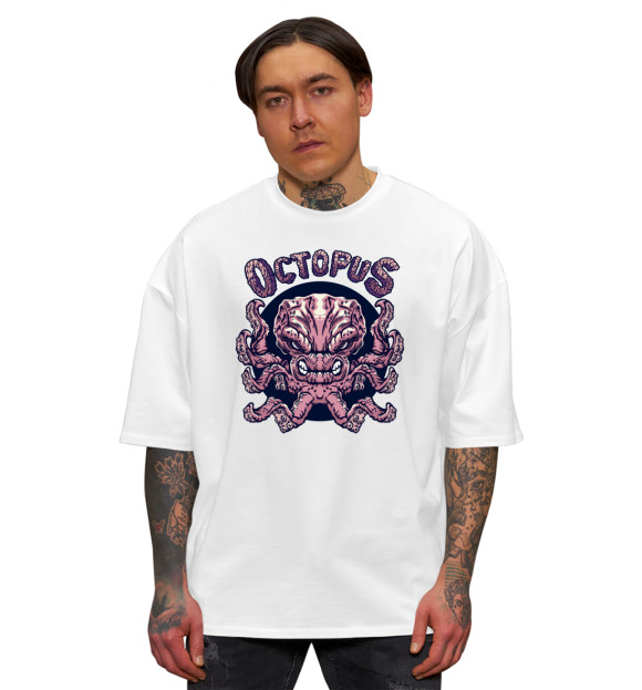Мужская футболка оверсайз с изображением Octopus - злобный осьминог цвета Белый