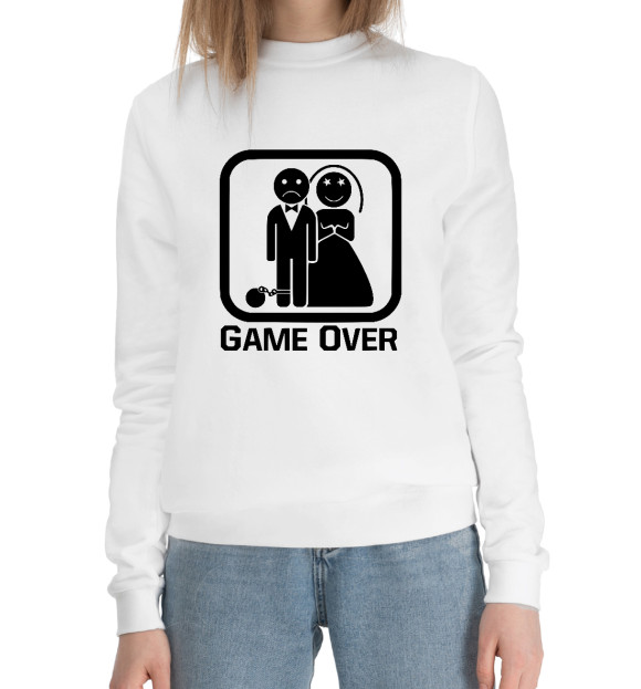 Женский хлопковый свитшот с притом Game Over цвета Белый Женский хлопковый свитшот с изображением Game Over цвета Белый