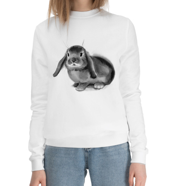 Женский хлопковый свитшот с изображением Черный кролик Банни цвета Белый