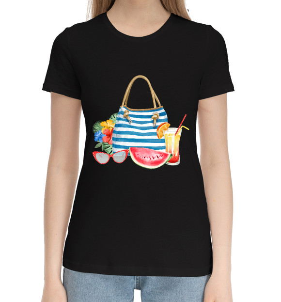 Женская хлопковая футболка с изображением Пляжная сумка цвета Черный