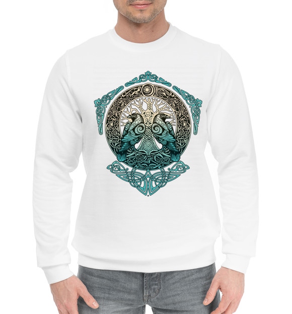 Мужской хлопковый свитшот с изображением Вороны Одина цвета Белый