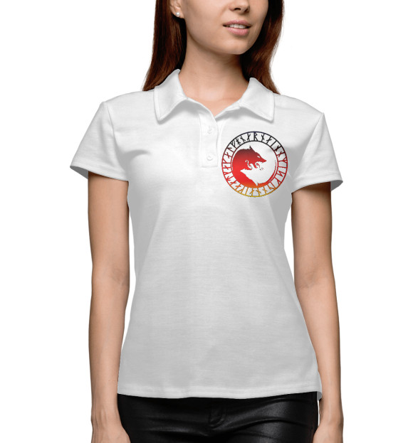 Женское поло с изображением Волк Фенрир и руны цвета Белый