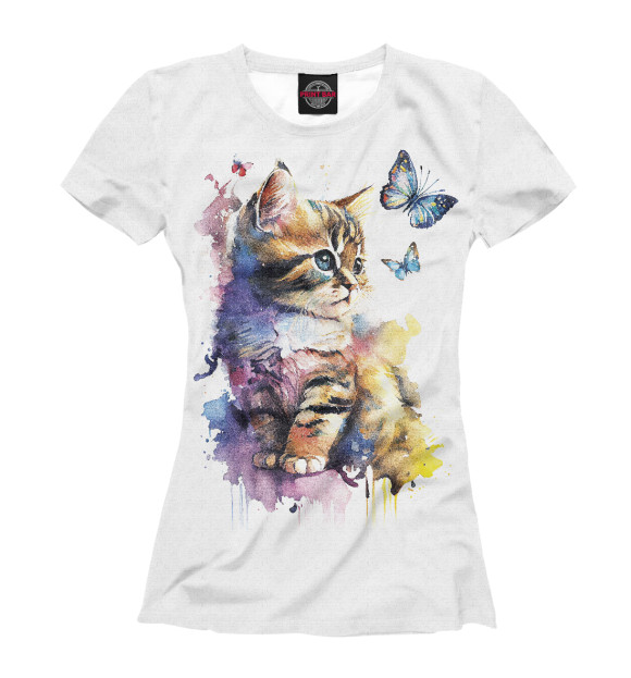 Женская футболка с изображением Акварельный котёнок с бабочками цвета Белый