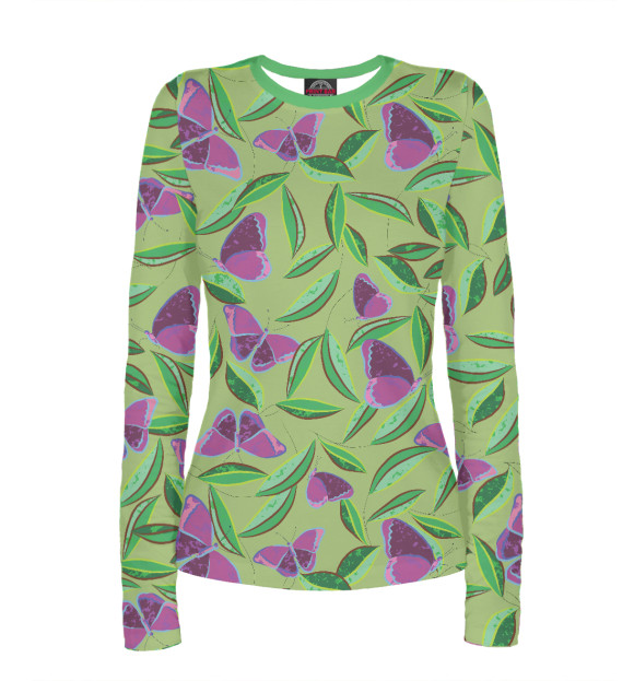 Женский лонгслив с изображением Бабочки в листве (паттерн) цвета Белый