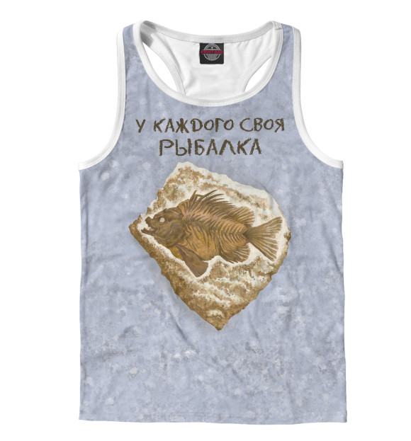 Мужская майка-борцовка с изображением Окаменелая рыба на камне на сером фоне цвета Белый