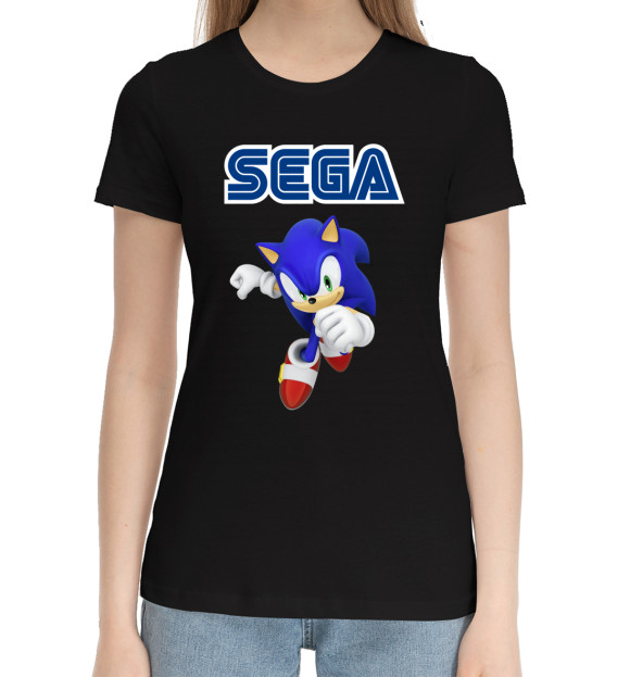 Женская хлопковая футболка с изображением Соник Sega цвета Черный