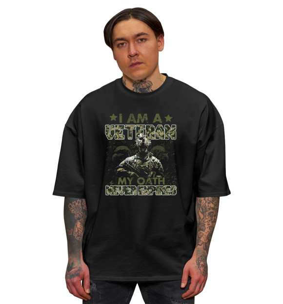 Мужская футболка оверсайз с изображением Я Ветеран цвета Черный