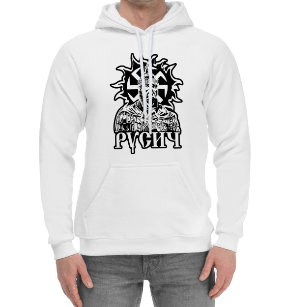 Мужской хлопковый худи с изображением Русич цвета Белый