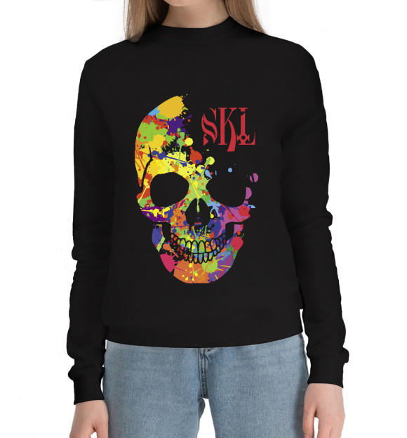 Женский хлопковый свитшот с изображением Color skull цвета Черный