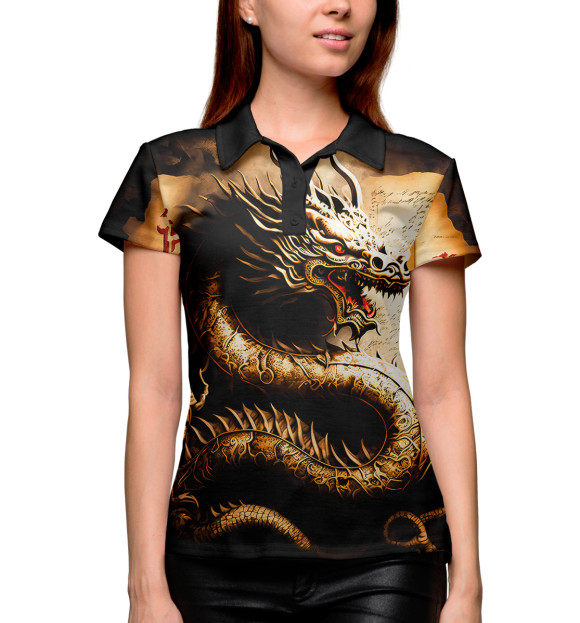 Женское поло с изображением Китайский дракон цвета Белый