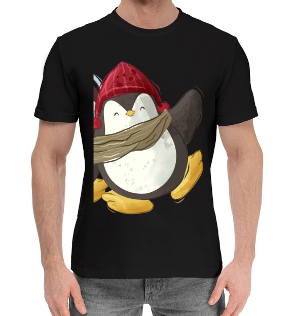 Мужская хлопковая футболка с изображением Пингвин в шапке цвета Черный