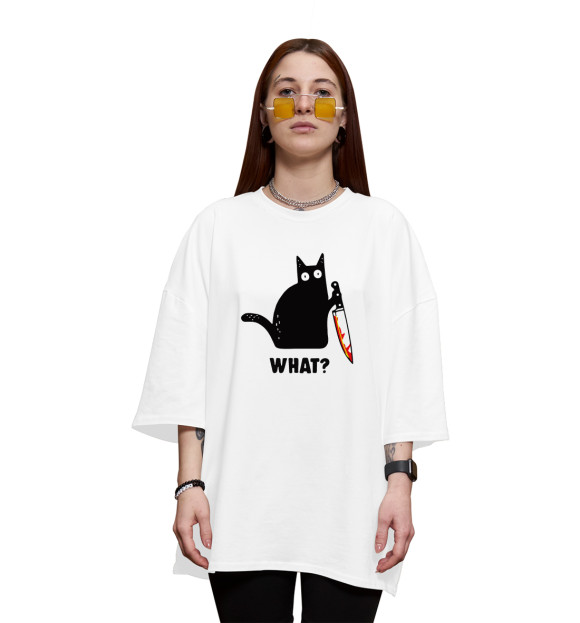 Женская футболка оверсайз с изображением Кот с ножом цвета Белый