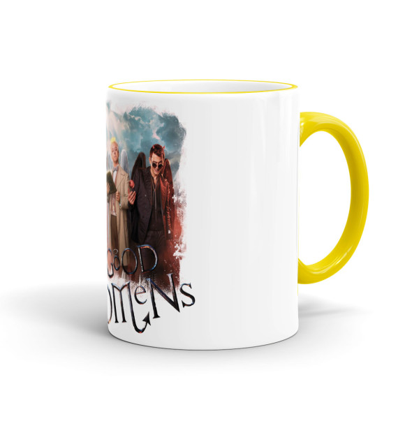 Кружка с изображением Азирафаэль и Кроули белый фон цвета желтый