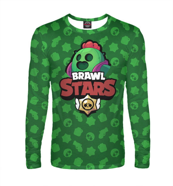 Мужской лонгслив с притом Brawl Stars Spike цвета Белый Мужской лонгслив с изображением Brawl Stars Spike цвета Белый