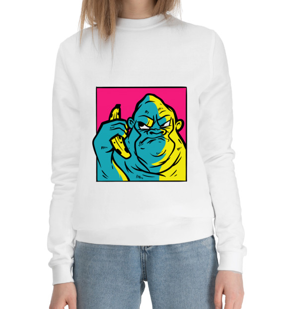 Женский хлопковый свитшот с изображением Горилла с телефоном бананом цвета Белый