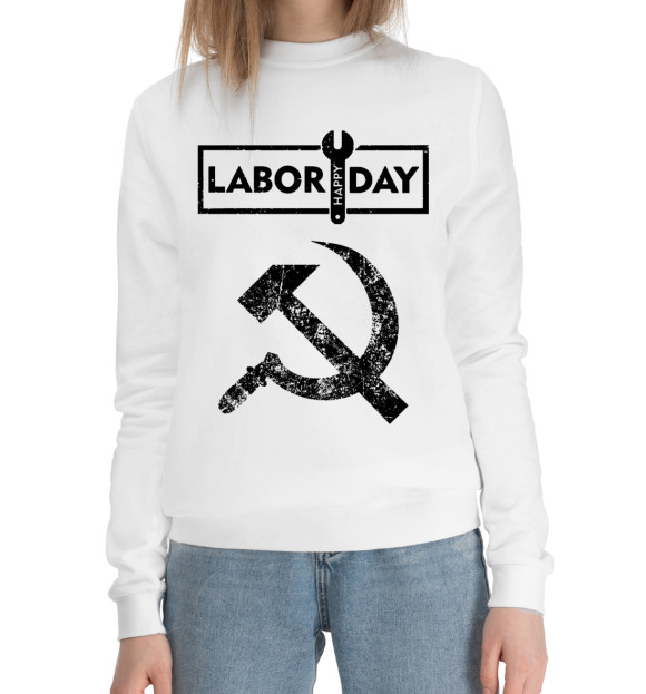 Женский хлопковый свитшот с изображением День труда цвета Белый