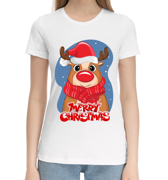 Женская хлопковая футболка с изображением Новогодний олень цвета Белый