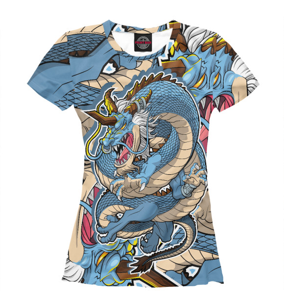 Женская футболка с изображением Синий дракон цвета Белый