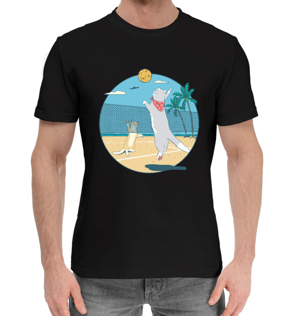 Мужская хлопковая футболка с изображением Волейбольные котики цвета Черный