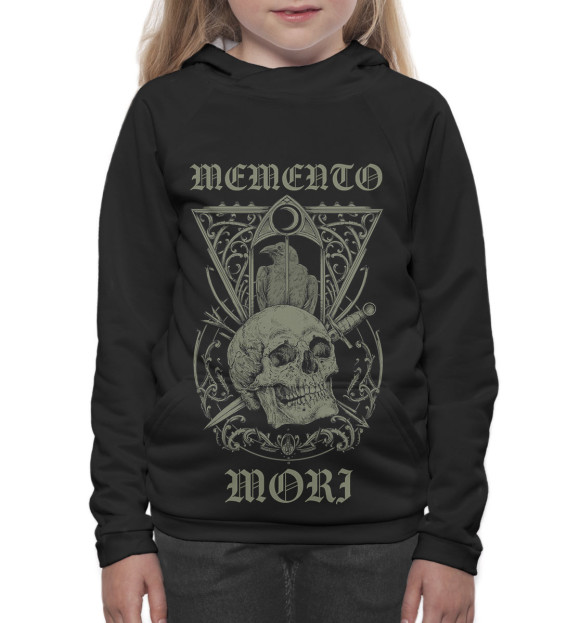 Худи для девочки с изображением Memento mori чёрный фон цвета Белый