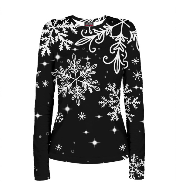 Женский лонгслив с изображением Белые снежинки в ночи цвета Белый