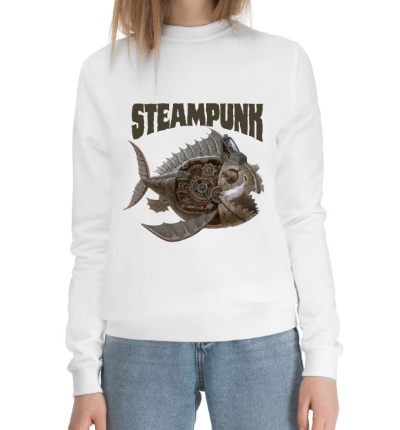 Женский хлопковый свитшот с изображением Рыболет стимпанк цвета Белый