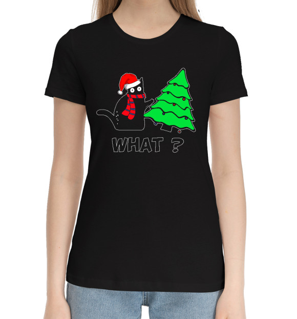 Женская хлопковая футболка с изображением Кот и ёлка цвета Черный