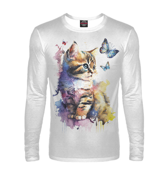 Мужской лонгслив с изображением Акварельный котёнок с бабочками цвета Белый