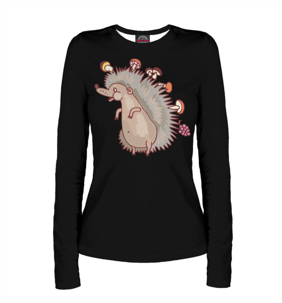 Женский лонгслив с притом Весёлый ёжик с грибами цвета Белый Женский лонгслив с изображением Весёлый ёжик с грибами цвета Белый