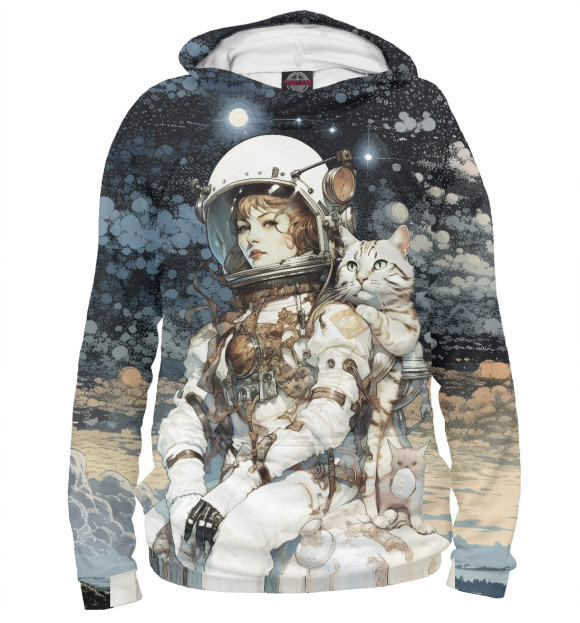 Худи для девочки с изображением Космонавт с белым полосатым котом цвета Белый