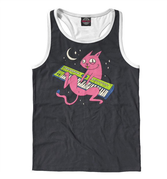 Мужская майка-борцовка с изображением Кот с синтезатором цвета Белый