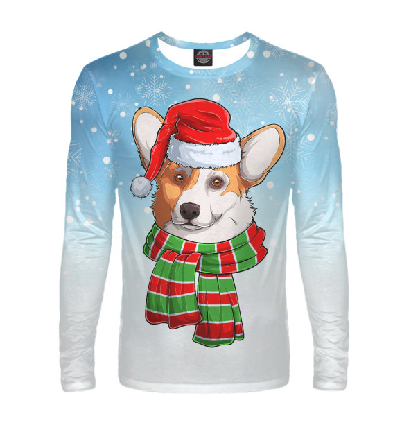 Мужской лонгслив с изображением Новогодний Корги цвета Белый