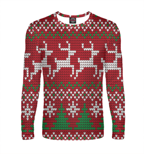 Мужской лонгслив с изображением Свитер с оленями цвета Белый