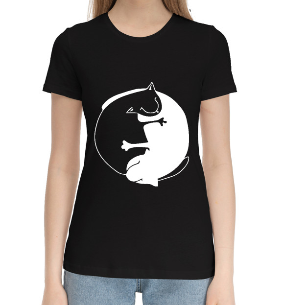 Женская хлопковая футболка с изображением Инь и Янь коты цвета Черный