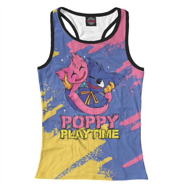 Женская майка-борцовка с притом Поппи Плейтайм обнимашки цвета Белый Женская майка-борцовка с изображением Поппи Плейтайм обнимашки цвета Белый